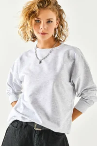 Olalook Women's Gray Melange Basic Soft Textured Loose Sweatshirt - Image 4