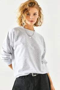 Olalook Women's Gray Melange Basic Soft Textured Loose Sweatshirt - Image 5