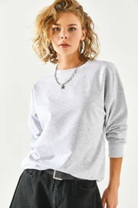 Olalook Women's Gray Melange Basic Soft Textured Loose Sweatshirt - Image 6