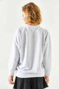 Olalook Women's Gray Melange Basic Soft Textured Loose Sweatshirt - Image 7
