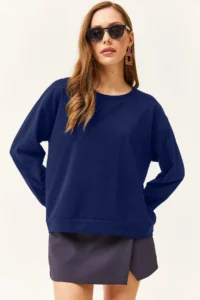 Olalook Women's Navy Blue Basic Soft Textured Loose Sweatshirt