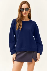Olalook Women's Navy Blue Basic Soft Textured Loose Sweatshirt - Image 2