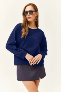 Olalook Women's Navy Blue Basic Soft Textured Loose Sweatshirt - Image 3