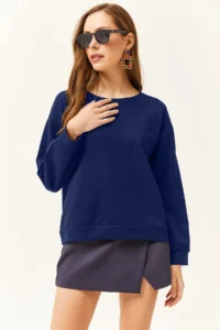 Olalook Women's Navy Blue Basic Soft Textured Loose Sweatshirt - Image 4