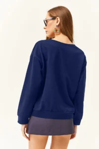 Olalook Women's Navy Blue Basic Soft Textured Loose Sweatshirt - Image 5