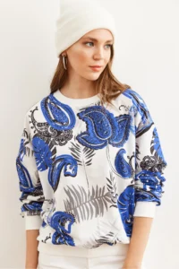 Olalook Women's Palmiye Saks Blue Basic Soft Textured Loose Sweatshirt - Image 2