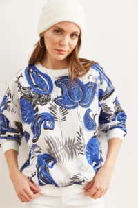 Olalook Women's Palmiye Saks Blue Basic Soft Textured Loose Sweatshirt - Image 3