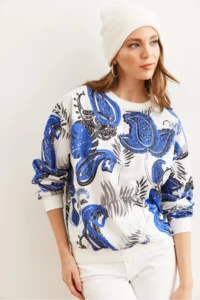 Olalook Women's Palmiye Saks Blue Basic Soft Textured Loose Sweatshirt - Image 4