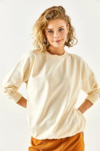 Olalook Women's Plain Beige Basic Soft Textured Loose Sweatshirt - Image 2