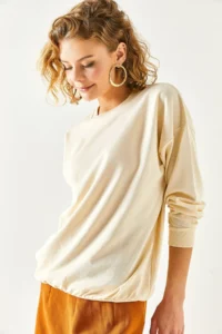 Olalook Women's Plain Beige Basic Soft Textured Loose Sweatshirt - Image 3