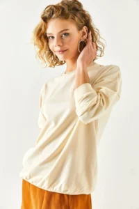 Olalook Women's Plain Beige Basic Soft Textured Loose Sweatshirt - Image 4