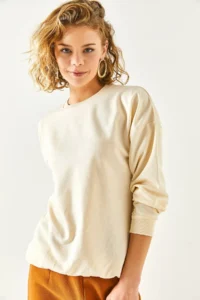 Olalook Women's Plain Beige Basic Soft Textured Loose Sweatshirt - Image 5