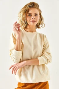 Olalook Women's Plain Beige Basic Soft Textured Loose Sweatshirt - Image 6