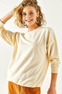 Olalook Women's Plain Beige Basic Soft Textured Loose Sweatshirt - Image 7