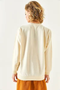 Olalook Women's Plain Beige Basic Soft Textured Loose Sweatshirt - Image 8