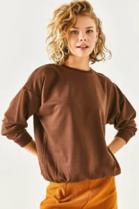 Olalook Women's Plain Bitter Brown Basic Soft Textured Loose Sweatshirt - Image 2