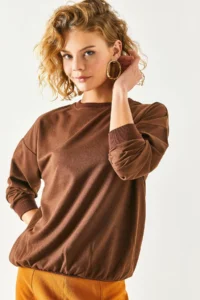 Olalook Women's Plain Bitter Brown Basic Soft Textured Loose Sweatshirt - Image 3