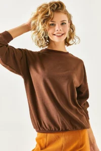 Olalook Women's Plain Bitter Brown Basic Soft Textured Loose Sweatshirt - Image 5