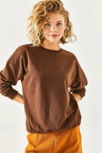 Olalook Women's Plain Bitter Brown Basic Soft Textured Loose Sweatshirt - Image 6