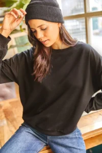 Olalook Women's Plain Black Basic Soft Textured Loose Sweatshirt - Image 2