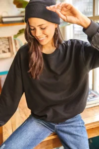 Olalook Women's Plain Black Basic Soft Textured Loose Sweatshirt - Image 3