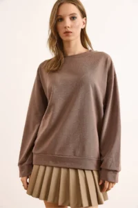 Olalook Women's Plain Camel Basic Soft Textured Loose Sweatshirt - Image 2