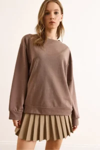 Olalook Women's Plain Camel Basic Soft Textured Loose Sweatshirt - Image 3