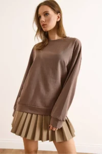 Olalook Women's Plain Camel Basic Soft Textured Loose Sweatshirt - Image 4