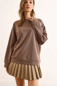 Olalook Women's Plain Camel Basic Soft Textured Loose Sweatshirt - Image 6