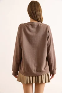 Olalook Women's Plain Camel Basic Soft Textured Loose Sweatshirt - Image 7