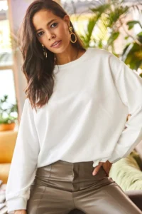 Olalook Women's Plain Ecru Basic Soft Textured Loose Sweatshirt - Image 3