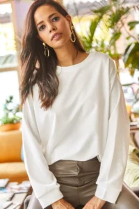 Olalook Women's Plain Ecru Basic Soft Textured Loose Sweatshirt - Image 4