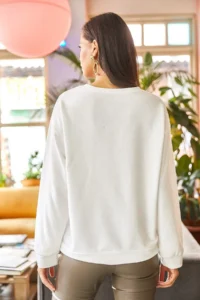 Olalook Women's Plain Ecru Basic Soft Textured Loose Sweatshirt - Image 5