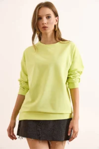 Olalook Women's Plain Neon Yellow Basic Soft Textured Loose Sweatshirt