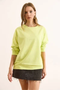 Olalook Women's Plain Neon Yellow Basic Soft Textured Loose Sweatshirt - Image 3