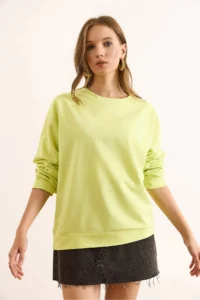 Olalook Women's Plain Neon Yellow Basic Soft Textured Loose Sweatshirt - Image 4