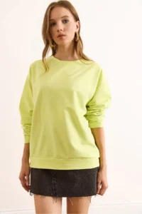 Olalook Women's Plain Neon Yellow Basic Soft Textured Loose Sweatshirt - Image 6