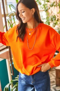 Olalook Women's Plain Orange Basic Soft Textured Loose Sweatshirt - Image 2