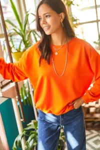 Olalook Women's Plain Orange Basic Soft Textured Loose Sweatshirt - Image 5