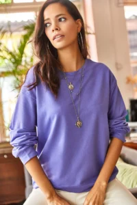 Olalook Women's Plain Purple Basic Soft Textured Loose Sweatshirt - Image 2