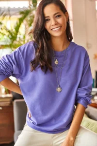 Olalook Women's Plain Purple Basic Soft Textured Loose Sweatshirt - Image 3