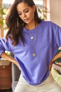 Olalook Women's Plain Purple Basic Soft Textured Loose Sweatshirt - Image 4