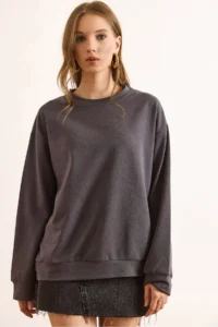 Olalook Women's Plain Smoked Basic Soft Textured Loose Sweatshirt