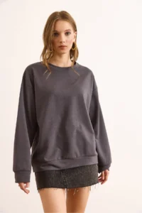 Olalook Women's Plain Smoked Basic Soft Textured Loose Sweatshirt - Image 3