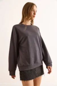 Olalook Women's Plain Smoked Basic Soft Textured Loose Sweatshirt - Image 5