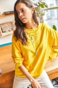 Olalook Women's Plain Yellow Basic Soft Textured Loose Sweatshirt