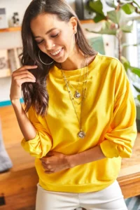 Olalook Women's Plain Yellow Basic Soft Textured Loose Sweatshirt - Image 2