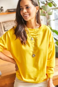 Olalook Women's Plain Yellow Basic Soft Textured Loose Sweatshirt - Image 3