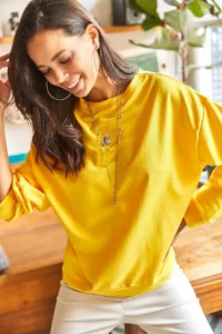 Olalook Women's Plain Yellow Basic Soft Textured Loose Sweatshirt - Image 4