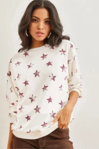 Olalook Women's Star Claret Red Basic Soft Textured Loose Sweatshirt